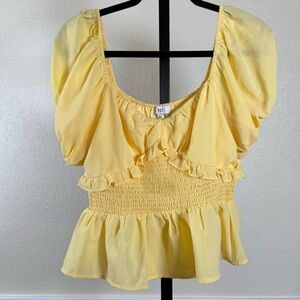 Romantic Cottagecore Yellow Smocked Waist Top Puff Sleeves Ruffle Peplum Large